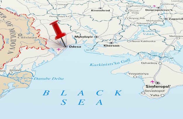 Mappa che mostra Odessa, Ucraina con una spilla rossa. Rendering 3D