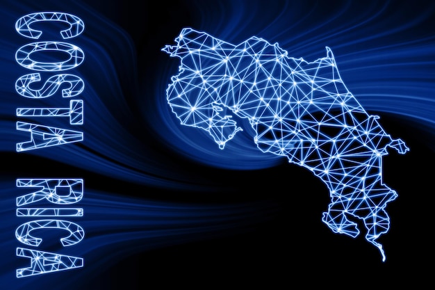 Mappa del Costa Rica, mappa della linea di maglie poligonali, mappa blu su sfondo scuro