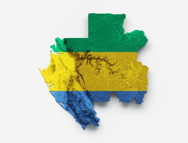 Mappa del Gabon Bandiera Rilievo ombreggiato Colore Mappa dell'altezza su sfondo bianco Illustrazione 3d