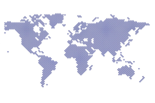 Mappa del mondo a punti piatti con silhouette di continenti Mappa delle parole a punti globali su sfondo trasparente