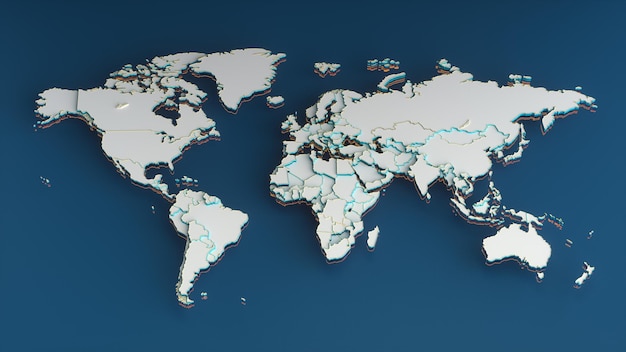 Mappa del mondo bianca con confini dorati dei paesi e contorno arancione su sfondo blu Render 3D