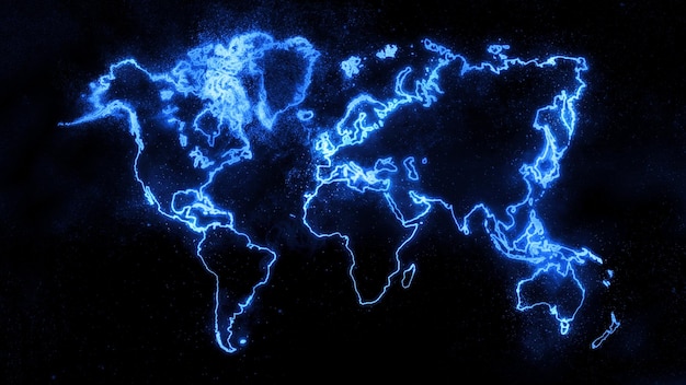 Mappa del mondo colorata su sfondo scuro, mappa del mondo blu brillante, sfondo dello spazio