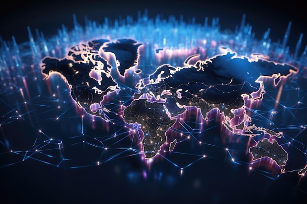 mappa del mondo di notte e buio con luci
