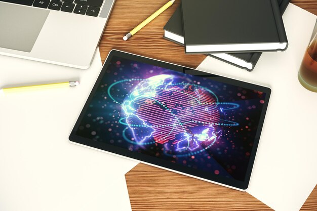 Mappa del mondo digitale astratta con connessioni su schermo di tablet digitale moderno big data e concetto di blockchain Vista dall'alto Rendering 3D