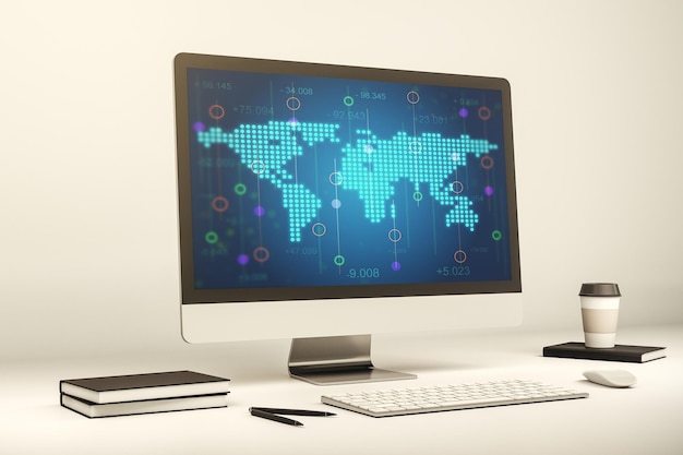 Mappa del mondo digitale astratta su computer moderno monitor big data e concetto blockchain 3D Rendering