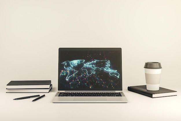 Mappa del mondo digitale creativa astratta sul moderno monitor portatile, concetto di turismo e viaggio, rendering 3D