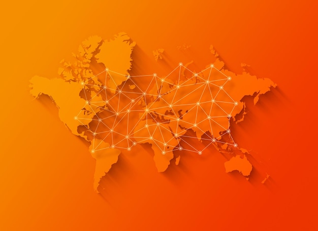 Mappa del mondo e illustrazione della rete digitale su sfondo arancione