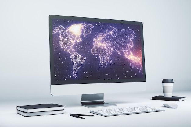 Mappa del mondo grafica astratta sul moderno collegamento dello schermo del laptop e concetto di comunicazione 3D Rendering