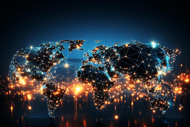 Mappa del mondo luminosa su sfondo blu scuro Concetto di tecnologia di comunicazione della rete di globalizzazione