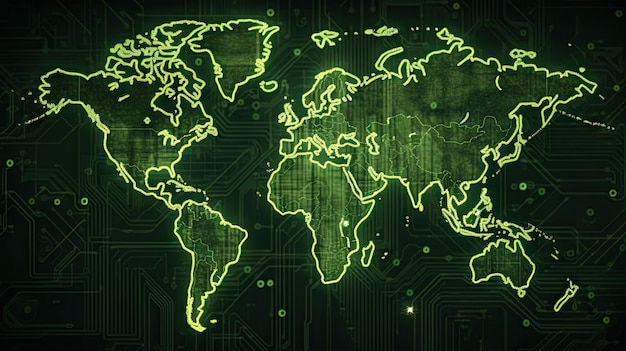 Mappa del mondo sfondo texture pcb verde IA generativa