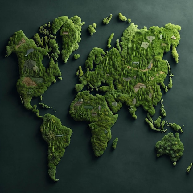 Mappa del mondo su sfondo verde scuro rendering 3d