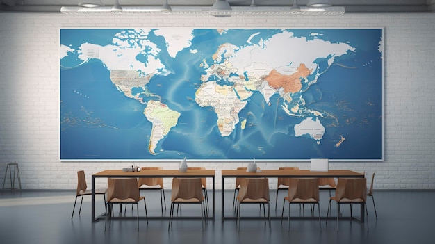 Mappa del mondo su una lavagna in classe con la luce solare che raffigura il concetto di istruzione geografica