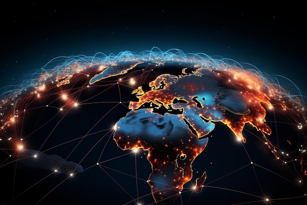 Mappa del mondo su uno sfondo scuro linee luminose simboli di tecnologia di comunicazione globale e viaggi Ai Generato.