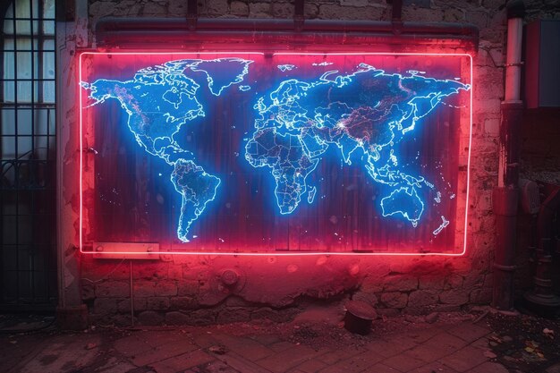 mappa del mondo sulla parete illuminata con LED