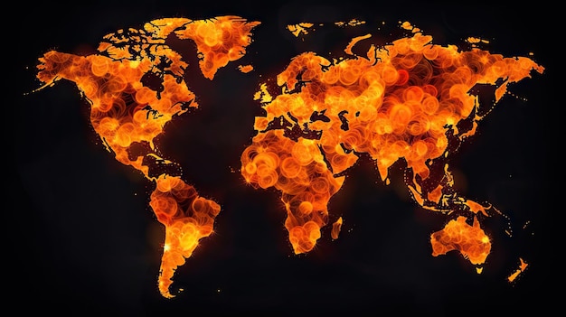 Mappa del mondo sullo sfondo del fuoco IA generativa