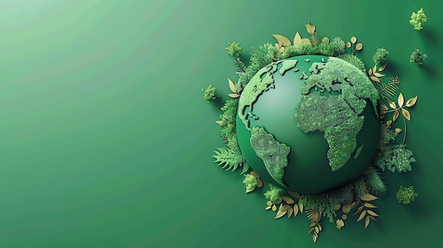 mappa del mondo verde con foglie e sfondo verde con spazio di copia