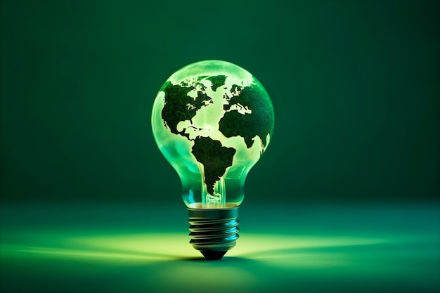 Mappa del mondo verde sulla lampadina su sfondo verde Simbolo di energia verde IA generativa