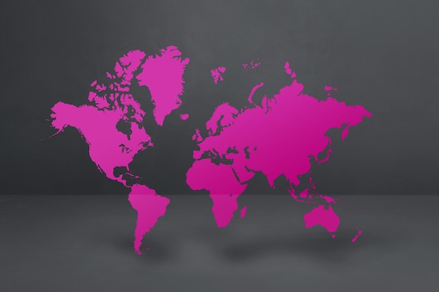 Mappa del mondo viola isolata su sfondo nero muro di cemento Illustrazione 3D