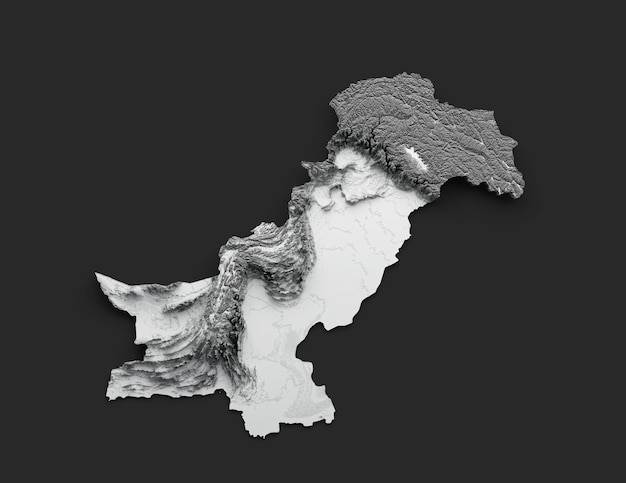 Mappa del Pakistan 3D in bianco e nero Rilievo ombreggiato Mappa ipsometrica su sfondo nero Illustrazione 3D