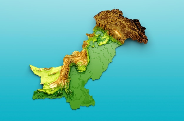 Mappa del Pakistan Rilievo ombreggiato Colore Mappa dell'altezza sul mare Sfondo blu Illustrazione 3d