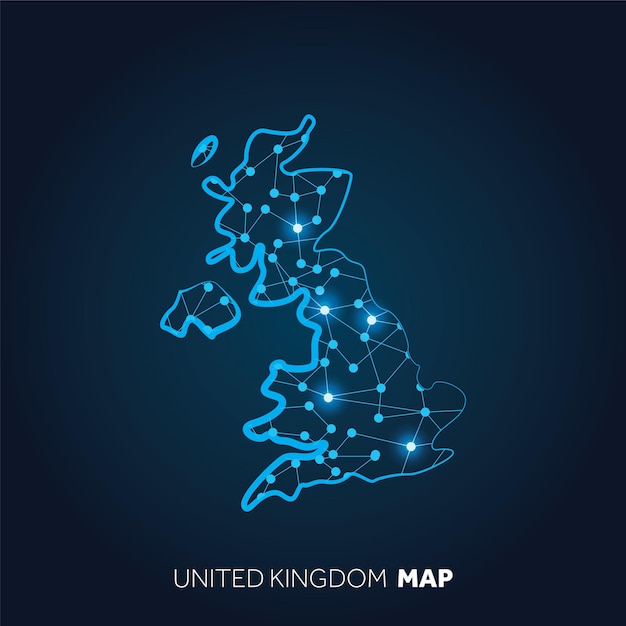 Mappa del Regno Unito realizzata con linee collegate e punti luminosi