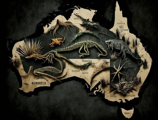 Mappa dell'Australia con natura selvaggia, ragni giganti serpenti e coccodrillo, natura spaventosa.