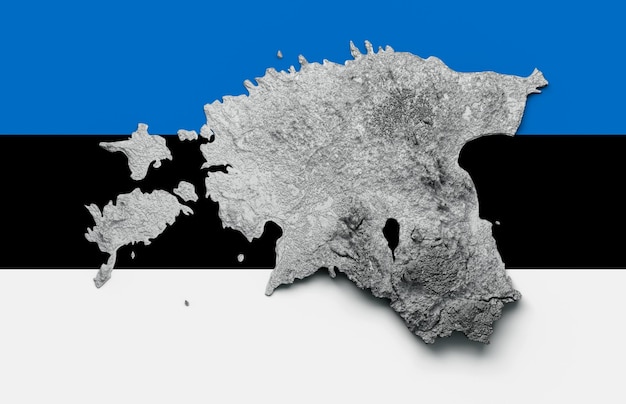 Mappa dell'Estonia Rilievo ombreggiato Colore Mappa dell'altezza su sfondo bandiera 3d'illustrazione