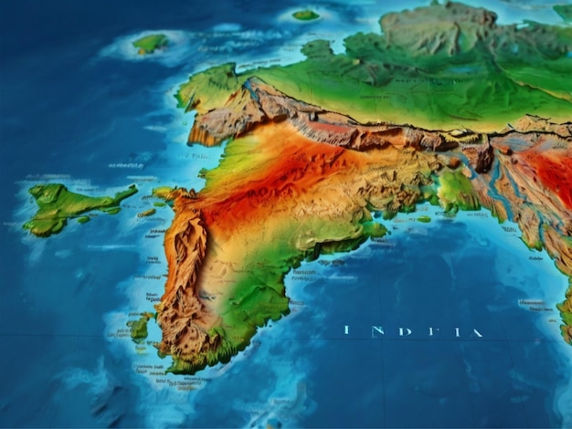 Mappa dell'India Rilievo ombreggiato Colore Mappa di altezza sul mare Sfondio blu Illustrazione 3D