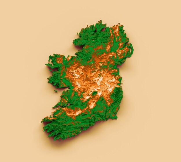 Mappa dell'Irlanda con la bandiera Colori Verde e giallo Mappa in rilievo ombreggiato illustrazione 3d