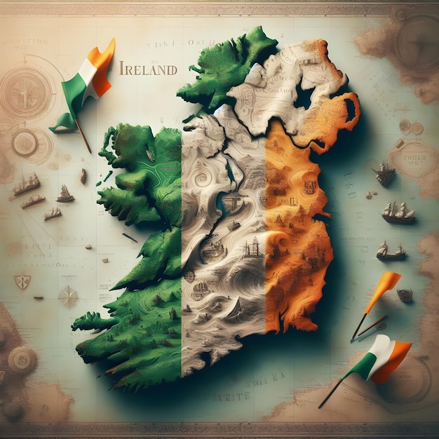 Mappa dell'Irlanda con la bandiera del paese sventolata foto realistica