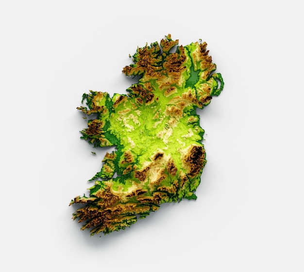 Mappa dell'Irlanda Rilievo ombreggiato Mappa dell'altezza del colore su sfondo bianco Illustrazione 3d