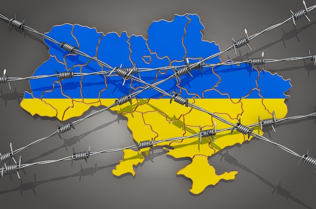 Mappa dell'Ucraina con filo spinato 3D su sfondo grigio
