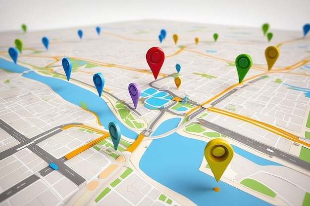 Mappa della città con pin di localizzazione della navigazione dal punto a al punto b percorso di localizzazione concetto di pianificazione turistica rendering 3D