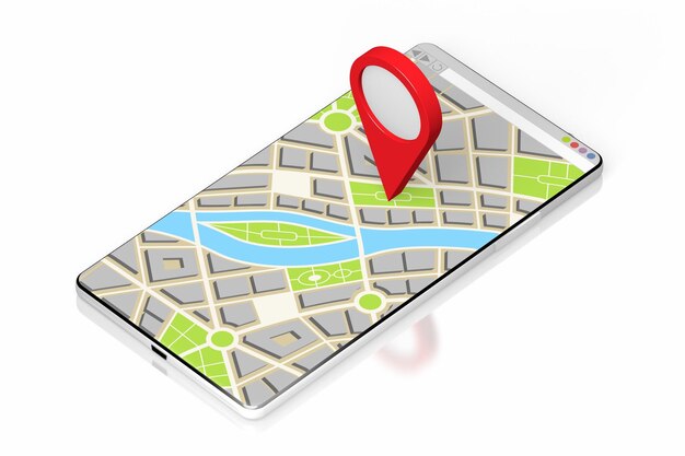 Mappa della città e pin di destinazione su un'illustrazione 3D dello smartphone