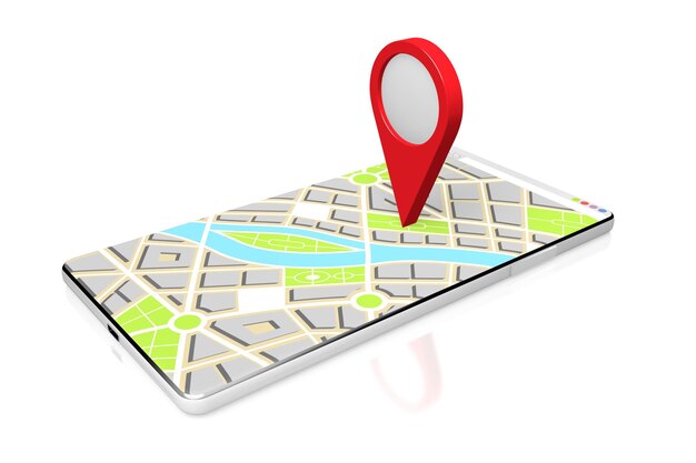 Mappa della città e pin di destinazione su un'illustrazione 3D dello smartphone