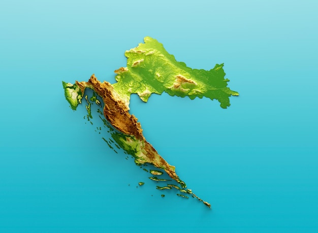 Mappa della Croazia Rilievo ombreggiato Colore Mappa dell'altezza sul mare Sfondo blu Illustrazione 3d