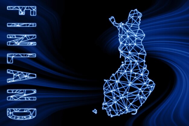 Mappa della Finlandia, mappa della linea di maglie poligonali, mappa blu su sfondo scuro
