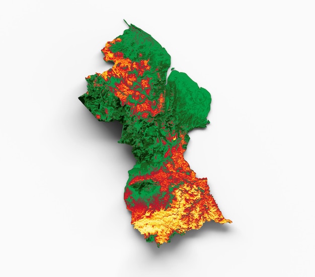 Mappa della Guyana con la bandiera Colori Rosso Verde e giallo Illustrazione 3d della mappa in rilievo ombreggiata