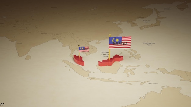 Mappa della Malesia con bandiera sullo sfondo della terra 3d rendering