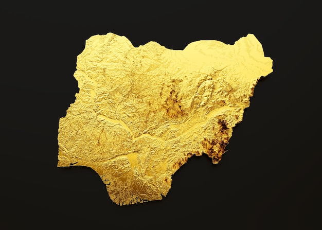 Mappa della Nigeria Mappa dell'altezza del colore in metallo dorato su sfondo nero Illustrazione 3d