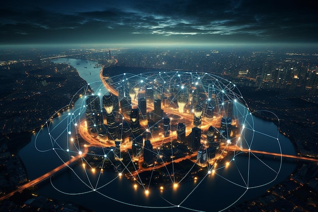 mappa della rete globale a forma di globo con le luci della città sullo sfondo