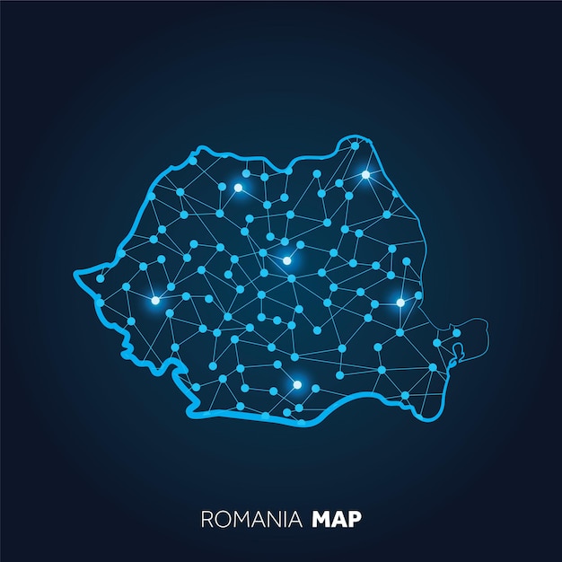 Mappa della Romania realizzata con linee collegate e punti luminosi