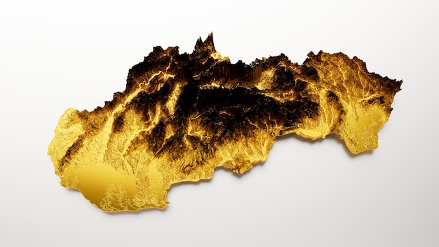 Mappa della Slovacchia Mappa dell'altezza del colore in metallo dorato su sfondo bianco Illustrazione 3d