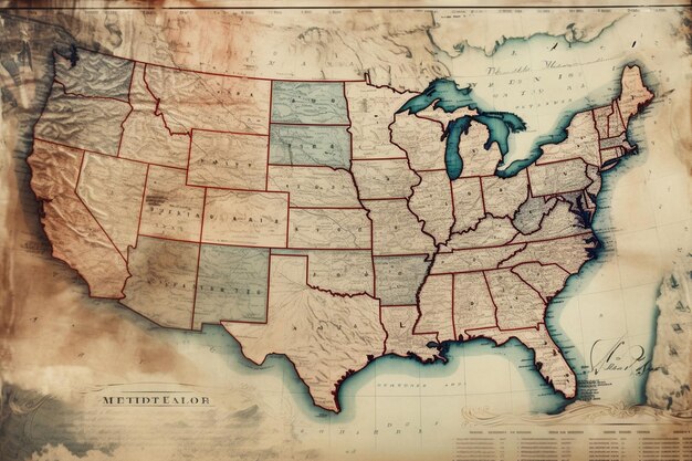 Mappa dello stato in stile cartolina vintage con generative ai sbiadite