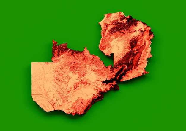 Mappa dello Zambia con la bandiera colori verde e arancione Mappa in rilievo ombreggiato illustrazione 3d