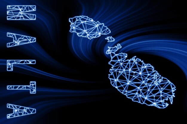 Mappa di Malta, mappa della linea a maglie poligonali, mappa blu su sfondo scuro