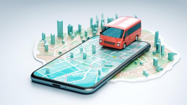 Mappa di navigazione online sul concetto di autobus di trasporto per smartphone AI generativa