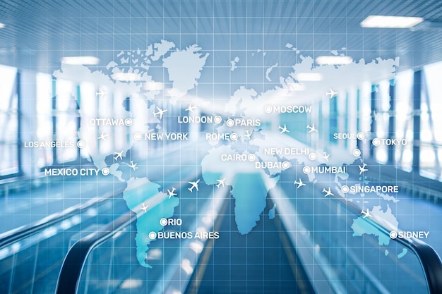 Mappa digitale con aerei in tutto il mondo Carta da parati conceptAviation con aerei sulla mappa con i nomi delle principali città