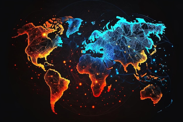 Mappa globale del mondo le tecnologie di comunicazione della terra con effetto internet IA generativa moderna e futuristica