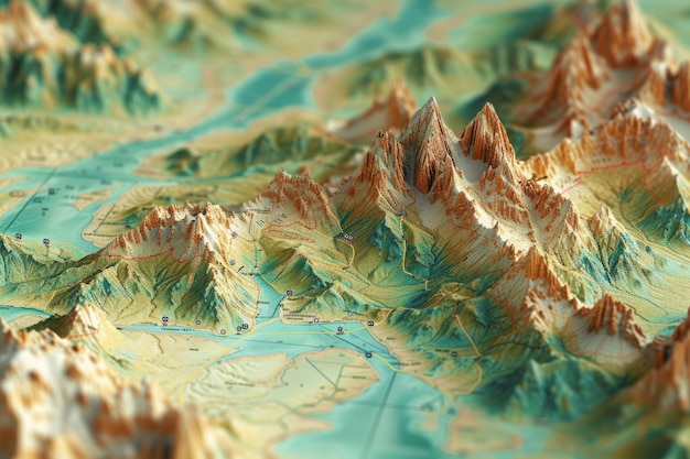 Mappa in rilievo con montagne e fiumi
